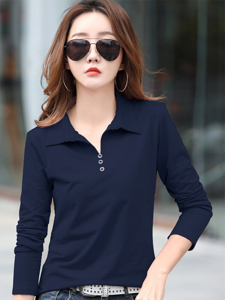 Lapel Long Sleeve Polo Shirt for Women Cotton Korean Style Plain Women's Blouse Popular Slim V-Neck T-Shirt 2022 Fashion Solid Color Clothes Casual All-matching Ladies Tops