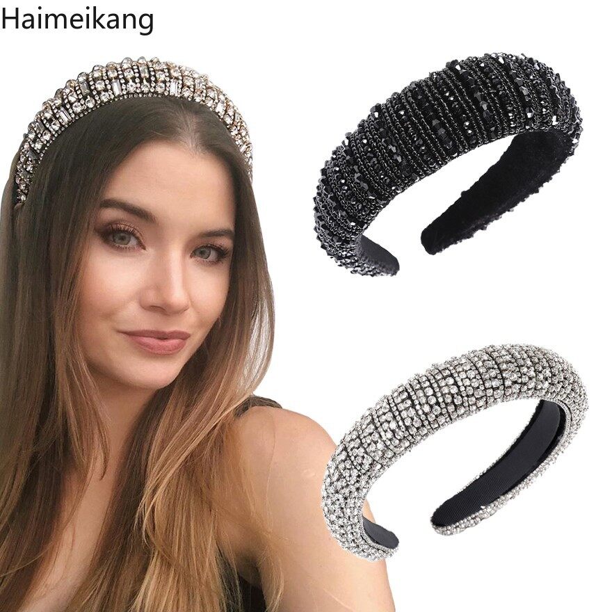 Woman Luxury Full Diamond Beads Crystal Hair Band Retro Rhinestone Padded Sponge Wide Headband Crown