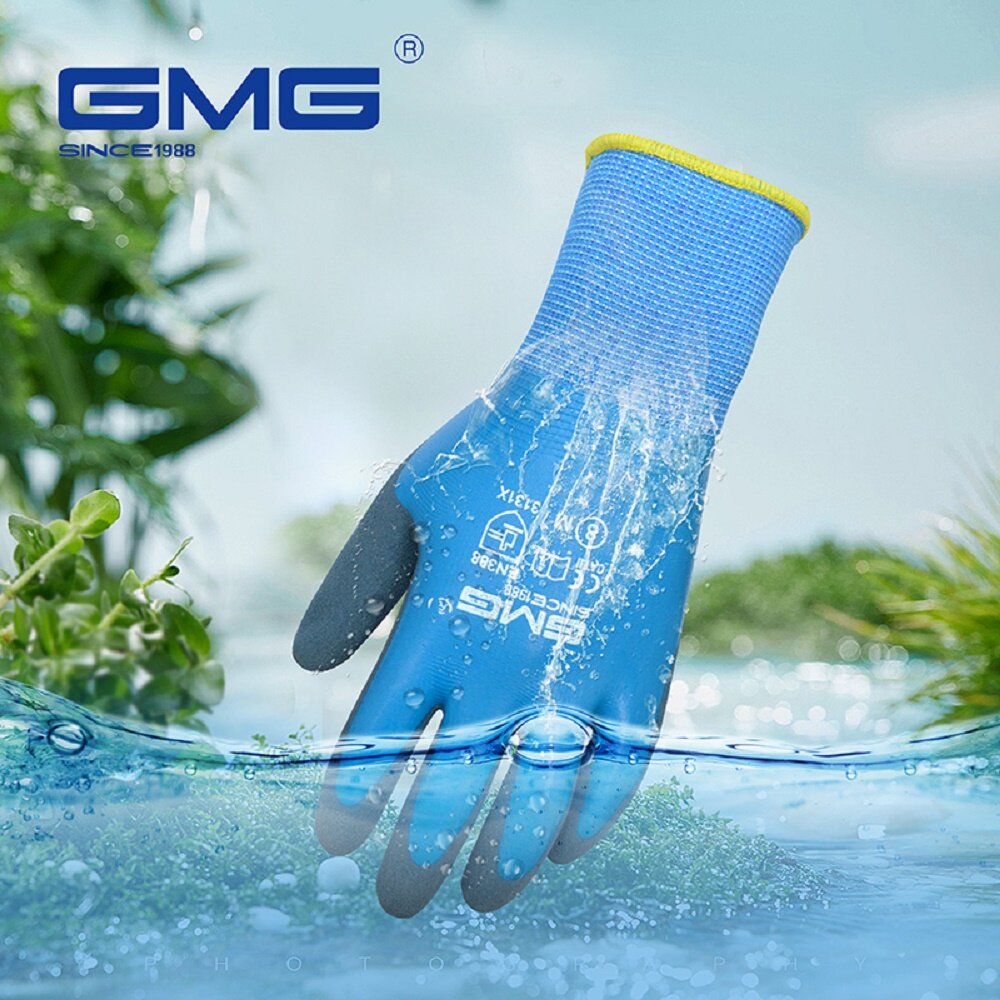GMG safety gloves waterproof work gloves blue Polyester good adhesion wear resistant durable grey latex safety gloves work gloves good quality
