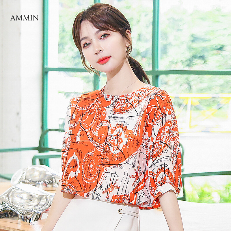 AMMIN Tops Short-sleeved round neck abstract printed chiffon shirt women's 2021 new style middle-sleeved loose-fitting casual western-style plus size blouse