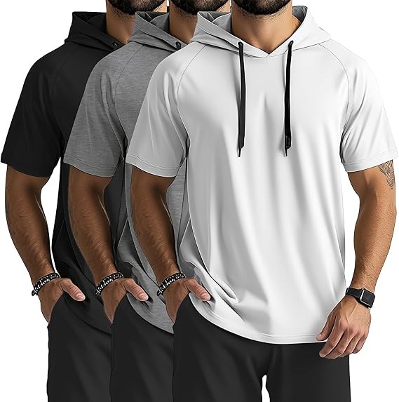 Ficerd 3 Pack Men's Short Sleeve Hoodie Workout Shirts Comfy Running Active Athletic Pullover Sweatshirt